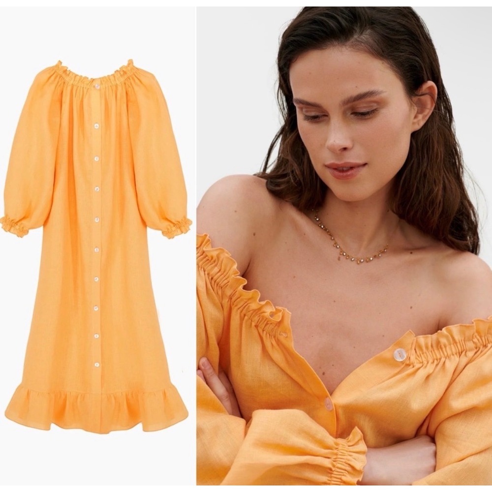 Sleeper Loungewear Linen Midi Dress Coral Off Shoulder One Size
